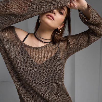 Soft Glossy Sweater Translucent Top Cold Shoulder Long