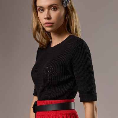 Fitted Sweater Top Half Sleeve Jumper Cotton Crewneck
