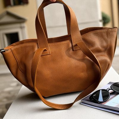 Large Leather Tote Cognac Brown Handmade Italian Shoulder